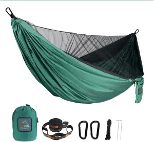 Hammock Portable Quick Set Up Mosquito Net Camping Hammock Outdoor Hanging Bed Sleeping Swing Lightweight(Dark Green)