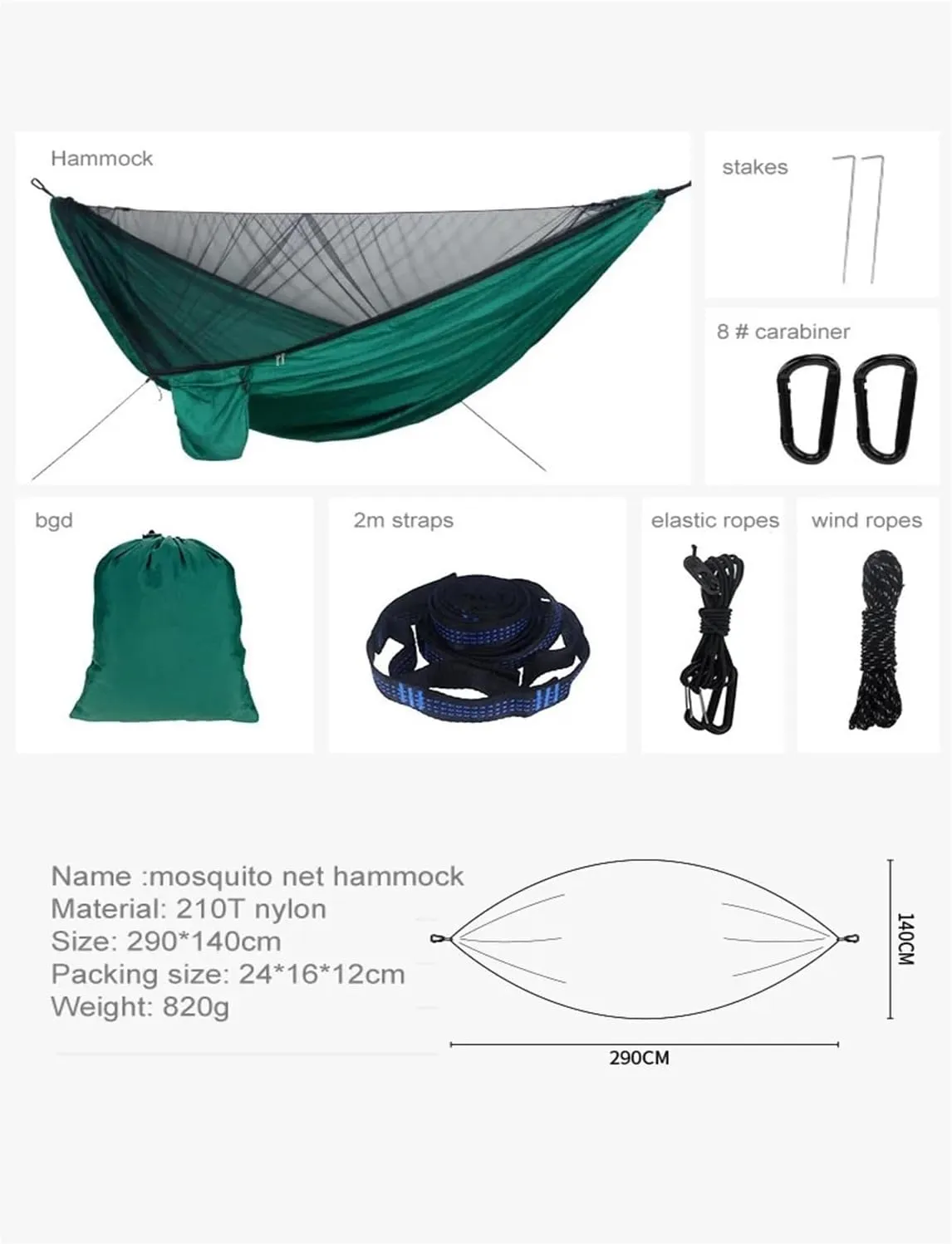 Hammock Portable Quick Set Up Mosquito Net Camping Hammock Outdoor Hanging Bed Sleeping Swing Lightweight(Dark Green)
