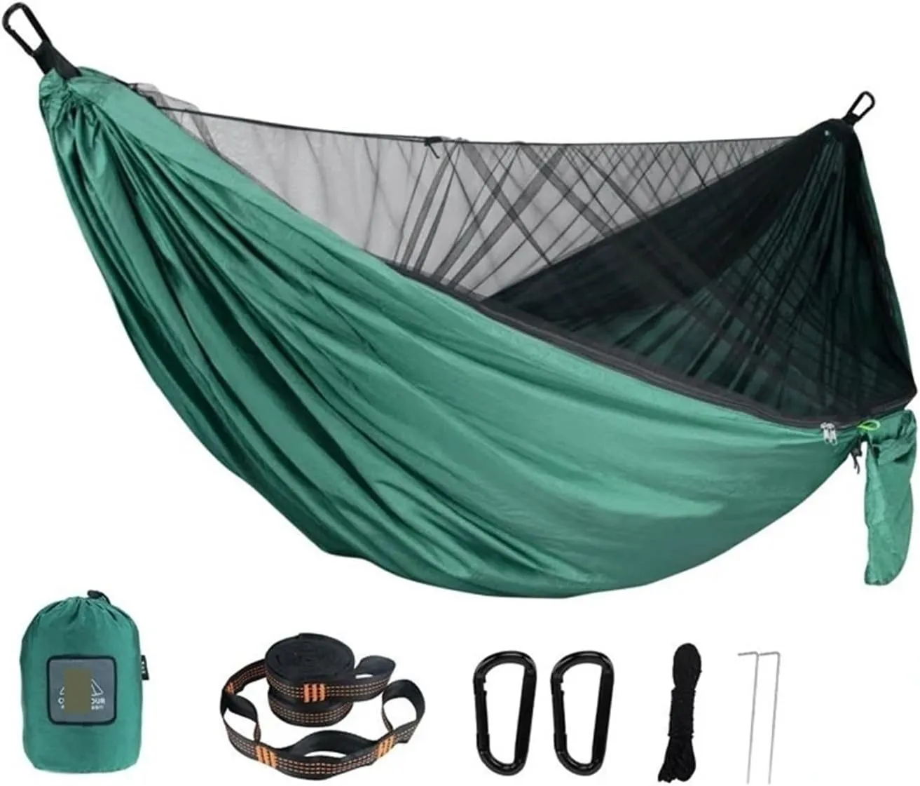 Hammock Portable Quick Set Up Mosquito Net Camping Hammock Outdoor Hanging Bed Sleeping Swing Lightweight(Dark Green)