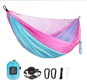 Hammock Portable Quick Set Up Mosquito Net Camping Hammock Outdoor Hanging Bed Sleeping Swing Lightweight(Sky Blue and Pink)