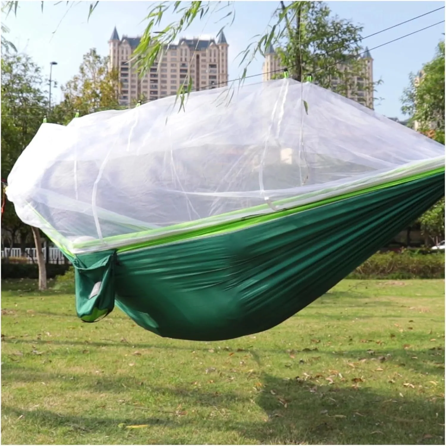 Hammock Portable Travel Outdoor Camping Hanging Sleeping Single and Double Hammock with Mosquito Net Camping Essentials(Double Green 2)