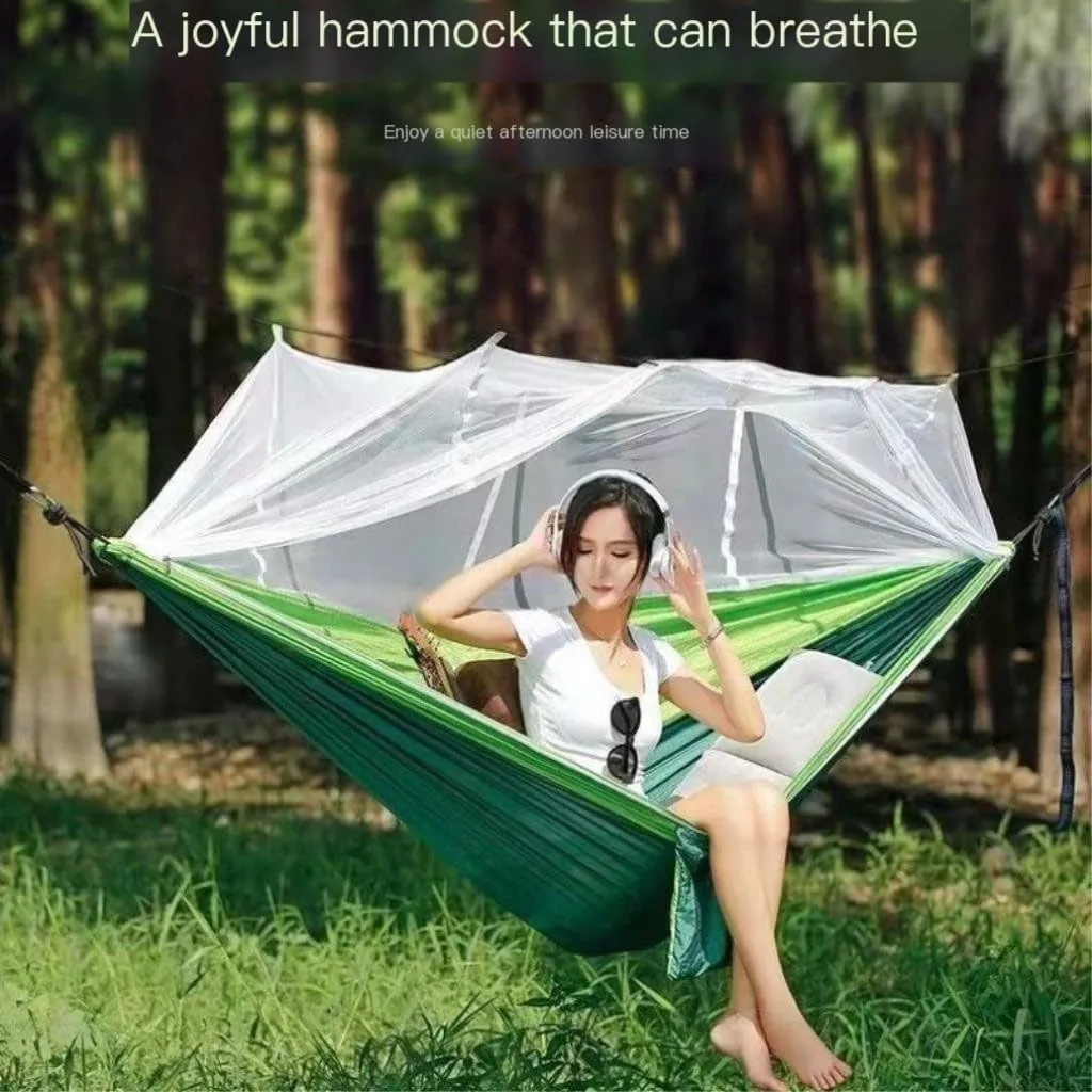 Hammocks Hammock Outdoor Sleeping Double Anti-Rollover with Mosquito Net Courtyard Camping Thickened Indoor Home Swing Camping Hammocks(Green,A)