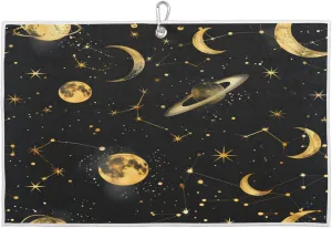 Hand Painted Starry Night Golf Towel with Heavy Duty Carabiner Clip Quick Dry Ultra Absorbent Club Ball Cleaning Towel Golf Accessories for Men Women