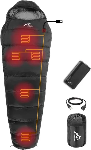 Heated Sleeping Bag 5pcs Multi USB Power Support Heating Pads,Operated with Battery Power Bank or Other USB Power Supplies, Mummy Style with 20000mah Power Bank