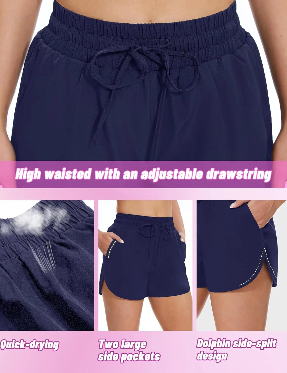 High Waisted Running Shorts for Women with Pockets, 2.5" Black Athletic Workout Gym Yoga Spandex Dolphin Shorts