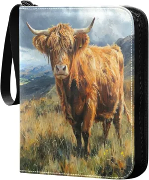 Highland Cow Painting Card Binder with Double Sided PU Leather Holder Albums Book with 400 Pockets for Collectible Trading Card Games Card