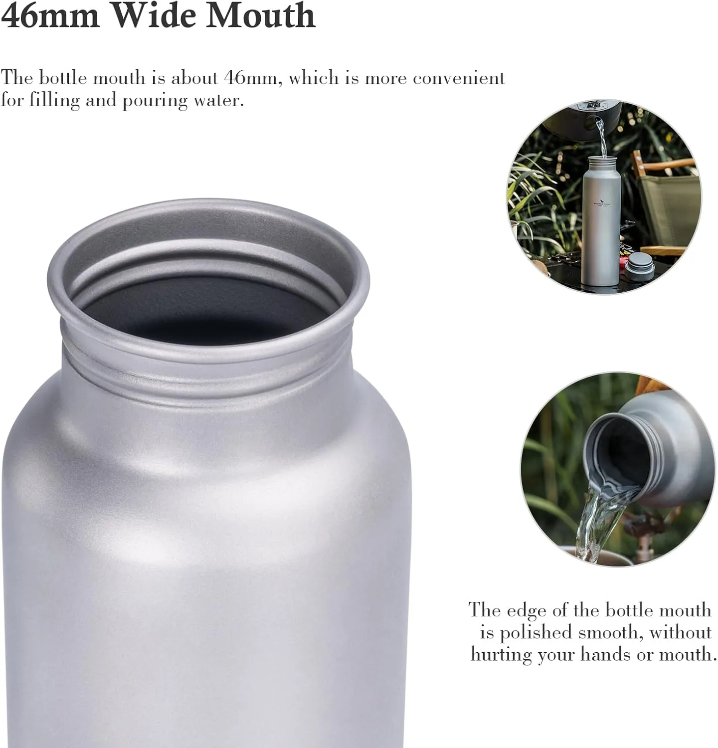 iBasingo 800ml Titanium Sport Bottle with Leakproof Lid & Hook Camping Cycling Drinking Wide Mouth Single Layer Bottle Outdoor Travel Water Flask Pot Ultra-light 172g Ti3003D