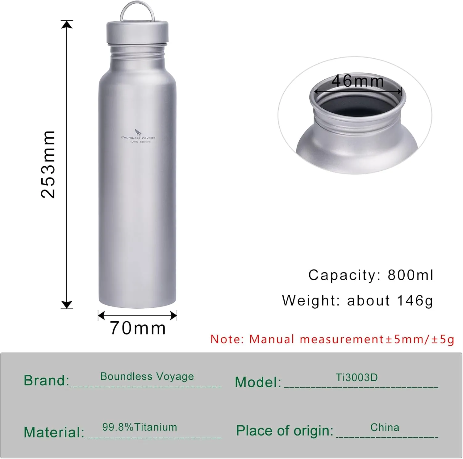 iBasingo 800ml Titanium Sport Bottle with Leakproof Lid & Hook Camping Cycling Drinking Wide Mouth Single Layer Bottle Outdoor Travel Water Flask Pot Ultra-light 172g Ti3003D