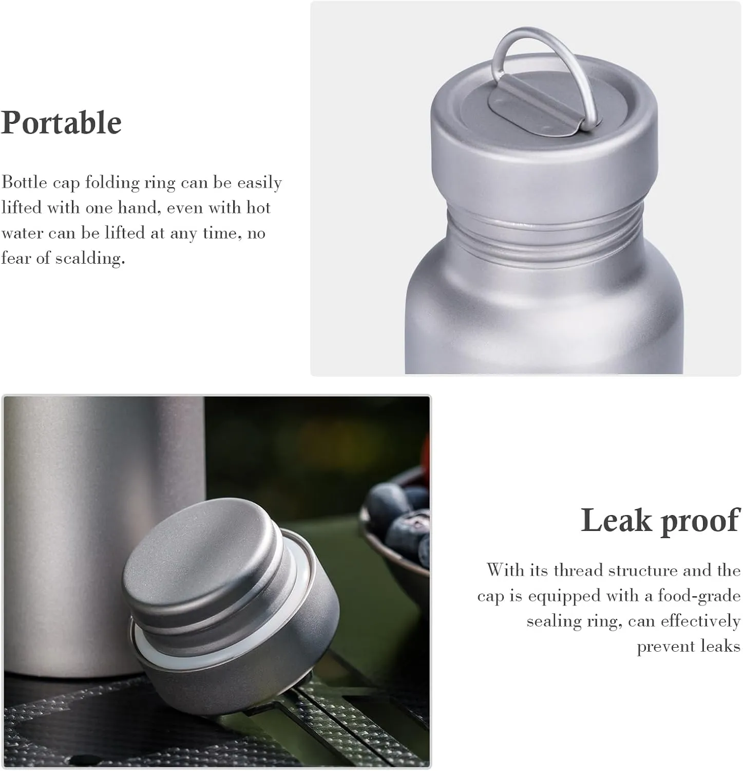 iBasingo 800ml Titanium Sport Bottle with Leakproof Lid & Hook Camping Cycling Drinking Wide Mouth Single Layer Bottle Outdoor Travel Water Flask Pot Ultra-light 172g Ti3003D
