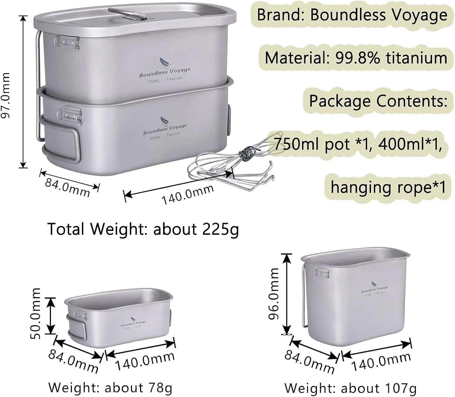 iBasingo Titanium Canteen Mess Kit with Folding Handle Hanging Ring Ultralight Portable for Lunch Outdoor Camping Hiking