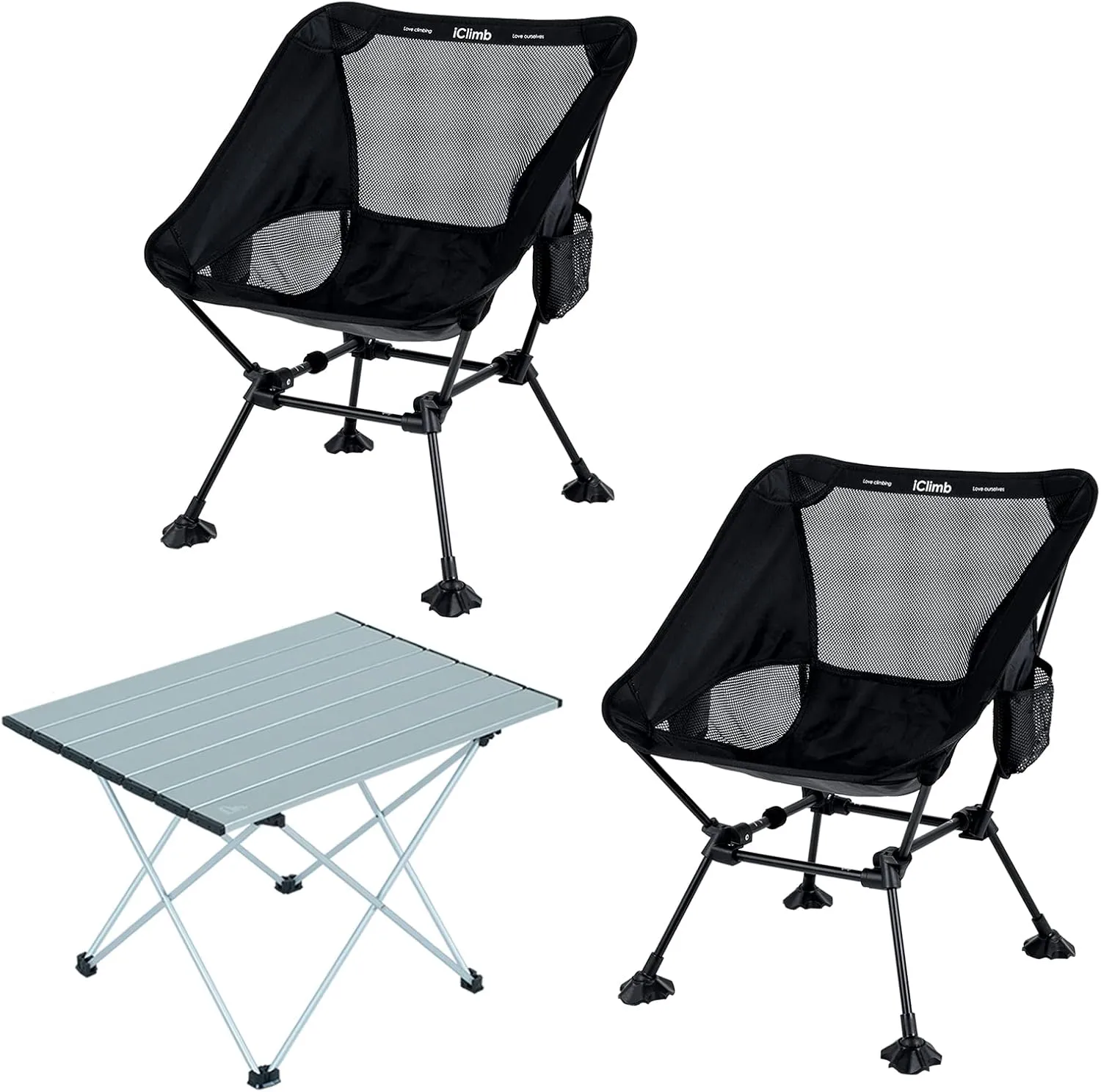 iClimb 1 Folding Table and 2 Anti-Sinking Large Feet Chair Bundle, Ultralight Compact for Two Adults Outdoor Backpacking Hiking Camping Beach Concert
