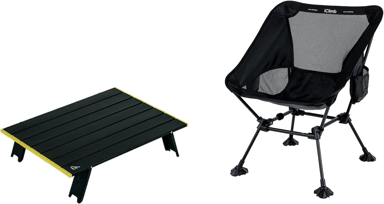 iClimb 1 Mini Folding Table and 1 Anti-Sinking Folding Chair Bundle, Ultralight Compact for Adults Outdoor Backpacking Camping Hiking Beach Concert