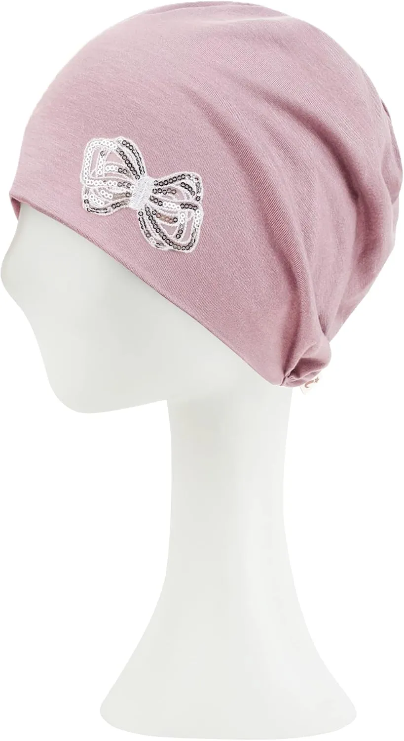 ililily Tencel Lyocell Flower Trim Chemo Hair Loss Beanie Ultra Soft Stretchable Head Cover Sleep Hat