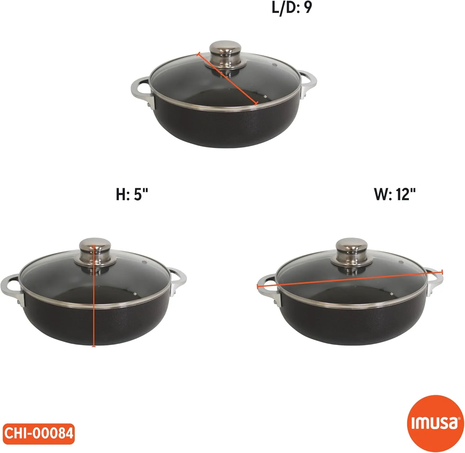 IMUSA 3.2qt Charcoal Aluminum Nonstick Caldero with Glass Lid, Black