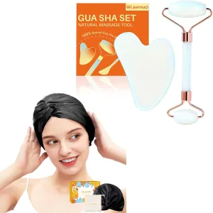 Jade Gua Sha and Face Roller & Silk-Bonnet for Sleeping Women
