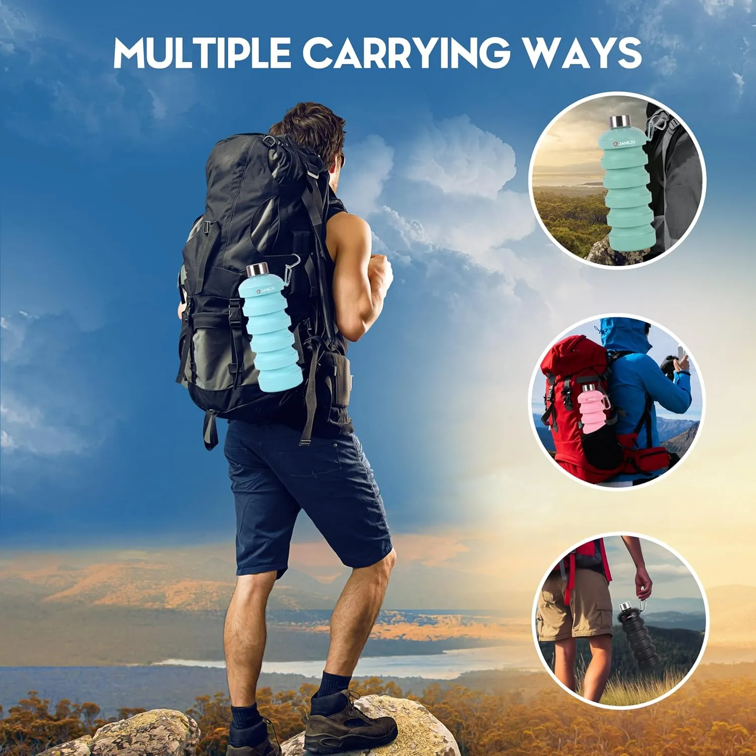 JaneJu Collapsible Water Bottle, 32oz BPA Free Silicone Reusable Portable Lightweight Foldable Water Bottles with Carabiner, Leak Proof Sports Water Bottle with Stainless Twist Cap (Blue)