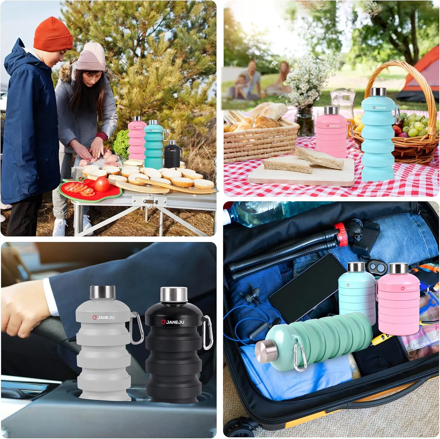 JaneJu Collapsible Water Bottle, 32oz BPA Free Silicone Reusable Portable Lightweight Foldable Water Bottles with Carabiner, Leak Proof Sports Water Bottle with Stainless Twist Cap (Blue)