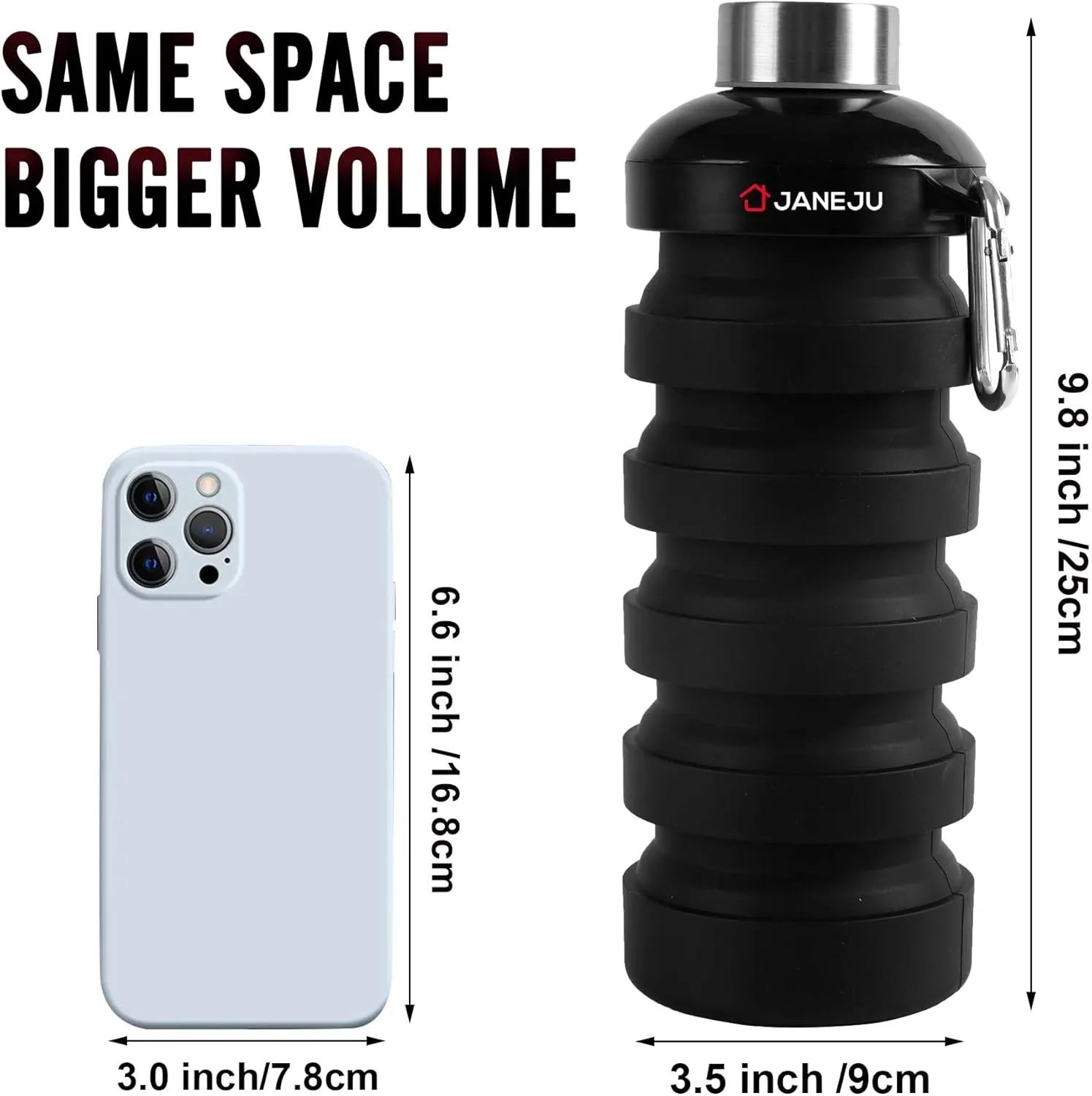 JaneJu Collapsible Water Bottle, 32oz BPA Free Silicone Reusable Portable Lightweight Foldable Water Bottles with Carabiner, Leak Proof Sports Water Bottle with Stainless Twist Cap (Blue)