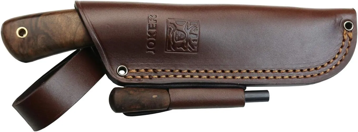 Joker Knife Nessmuk S 132, 4.3 in. Blade Sandvik 14C28N, Birch and Walnut Handle, Brown Leather Sheath, Fishing, Hunting, Camping and Trekking Tool (Walnut Wood, Leather Sheath With Firestarter)