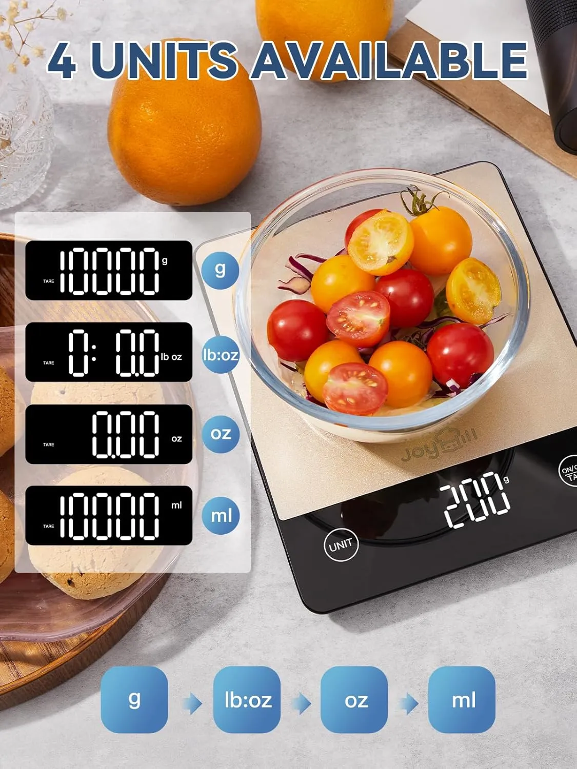 JOYHILL 22lb Food Scale, Digital Kitchen Scale Food Ounces and Grams Premium Stainless Steel Food Weight Scale with LED Display, Batteries Included