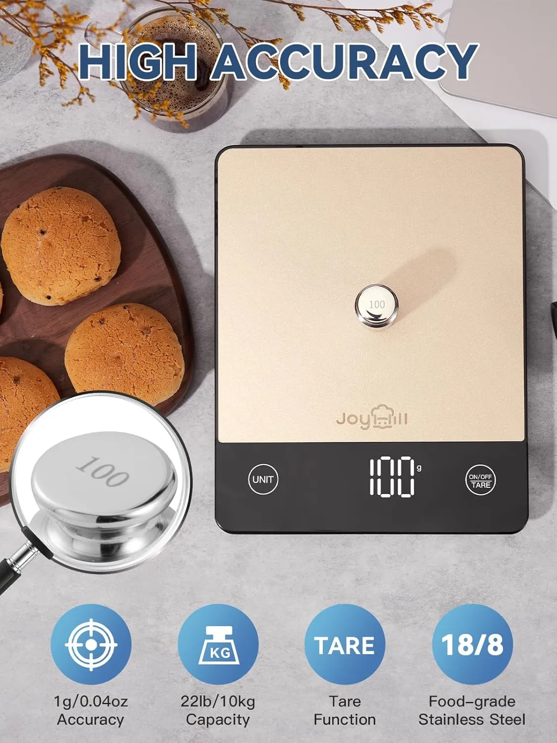 JOYHILL 22lb Food Scale, Digital Kitchen Scale Food Ounces and Grams Premium Stainless Steel Food Weight Scale with LED Display, Batteries Included