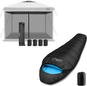 KAMPKEEPER 10x10 Pop Up Canopy with Mosquito Netting, Screen Tent with Mesh Sides(White) Mummy Sleeping Bag for Adults,3-4 Seasons Cold Weather(Black & Blue)