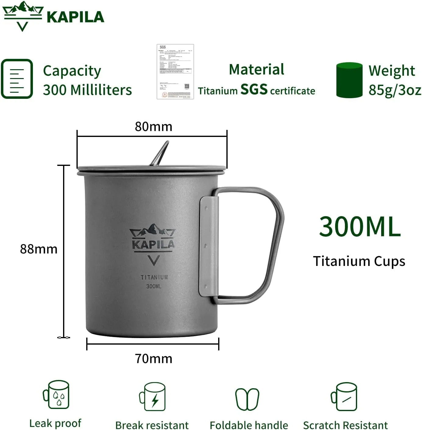 KAPILA 300ml -750ml Titanium Cup/Pot Lightweight Backpacking Camping Mug Foldable Handle Titanium Pot with Lid Camping Hiking Picnic Open Fire Cooking (300ML)
