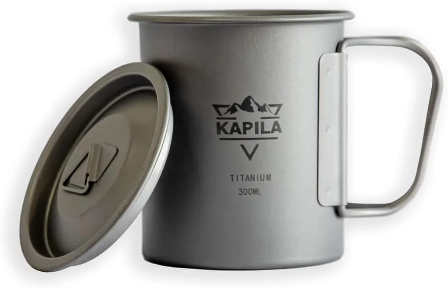 KAPILA 300ml -750ml Titanium Cup/Pot Lightweight Backpacking Camping Mug Foldable Handle Titanium Pot with Lid Camping Hiking Picnic Open Fire Cooking (300ML)