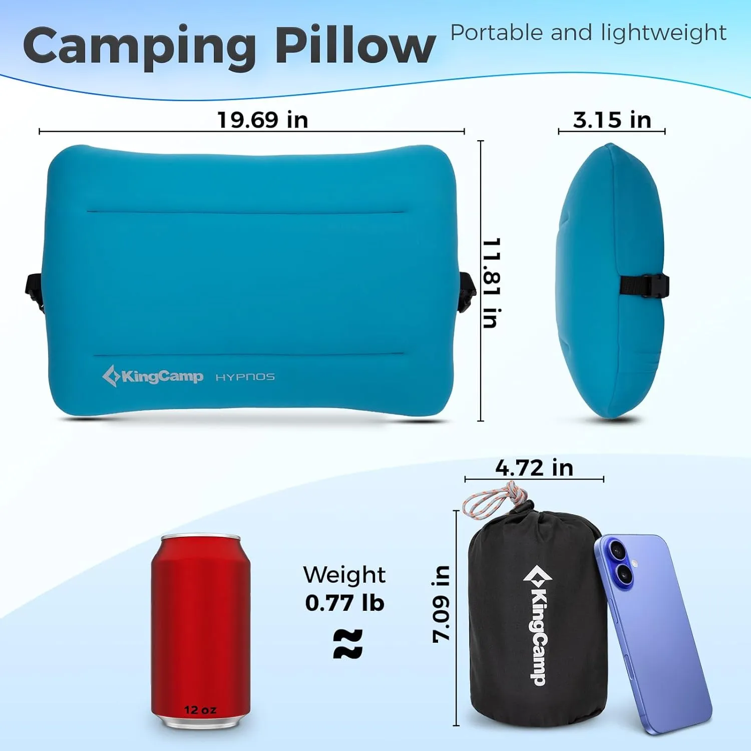 KingCamp Camping Pillow, Ultralight Inflatable Backpacking Memory Foam Air Pillow with Removable Washable Cover & Neck Lumbar Support for Camping Travel Hiking Outdoor, PVC Free (Blue)