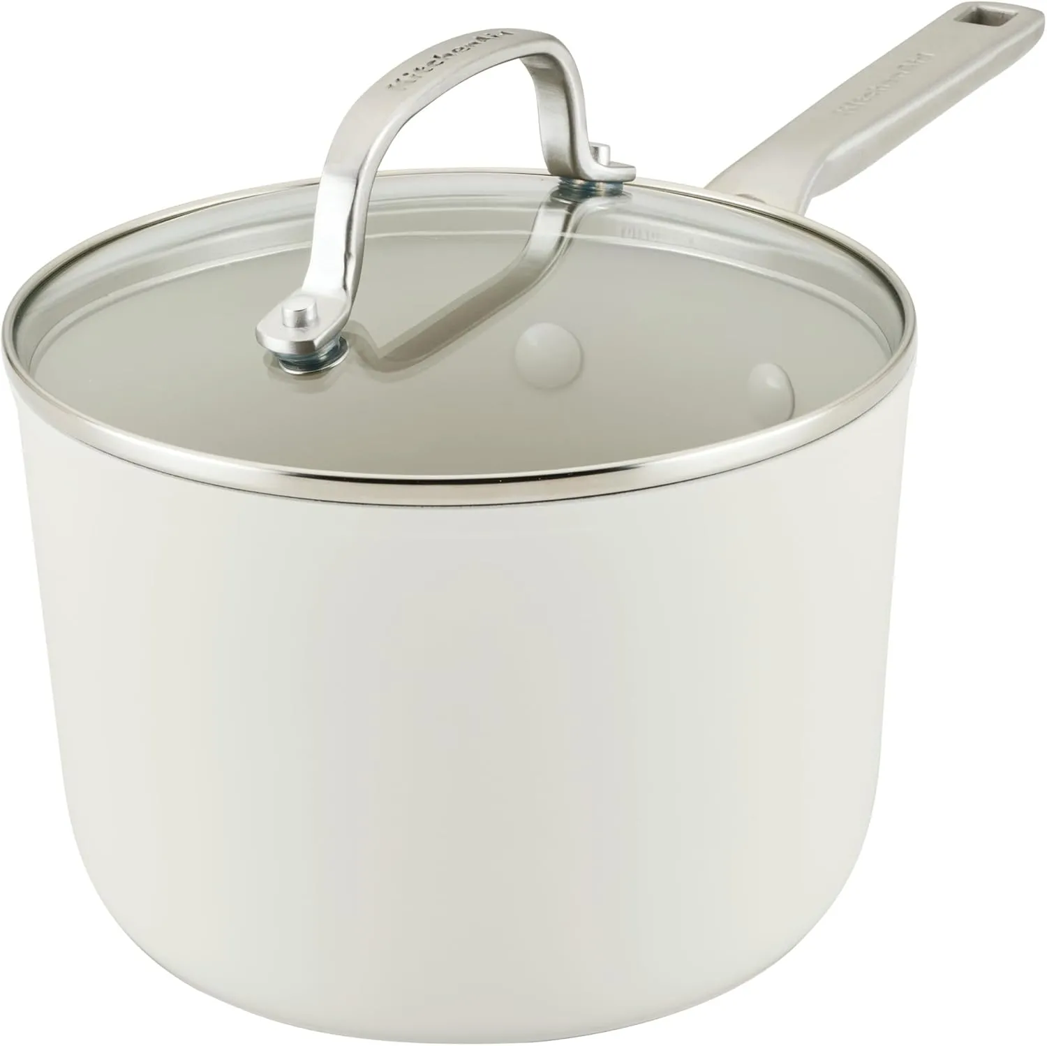 KitchenAid Hard Anodized Ceramic Nonstick Cookware Saucepan with Lid, 3 Quart Non Stick Sauce Pan with Stainless Steel Handle - Porcelain White
