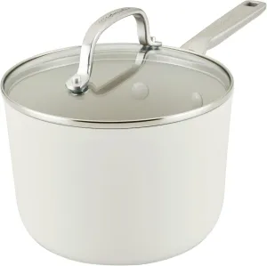 KitchenAid Hard Anodized Ceramic Nonstick Cookware Saucepan with Lid, 3 Quart Non Stick Sauce Pan with Stainless Steel Handle - Porcelain White