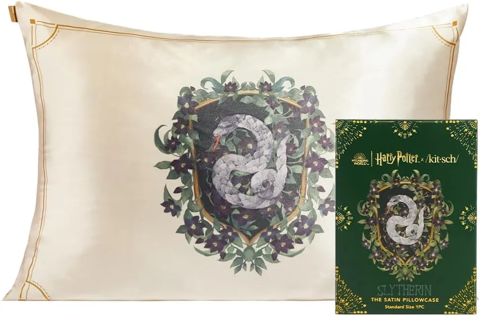 Kitsch x Harry Potter Slytherin Satin Pillowcase w/Zipper for Hair & Skin – Double-Sided, Softer Than Silk, Wrinkle-Free, Machine Washable, Frizz Control, Breakout Prevention - Queen/Standard(19x26)