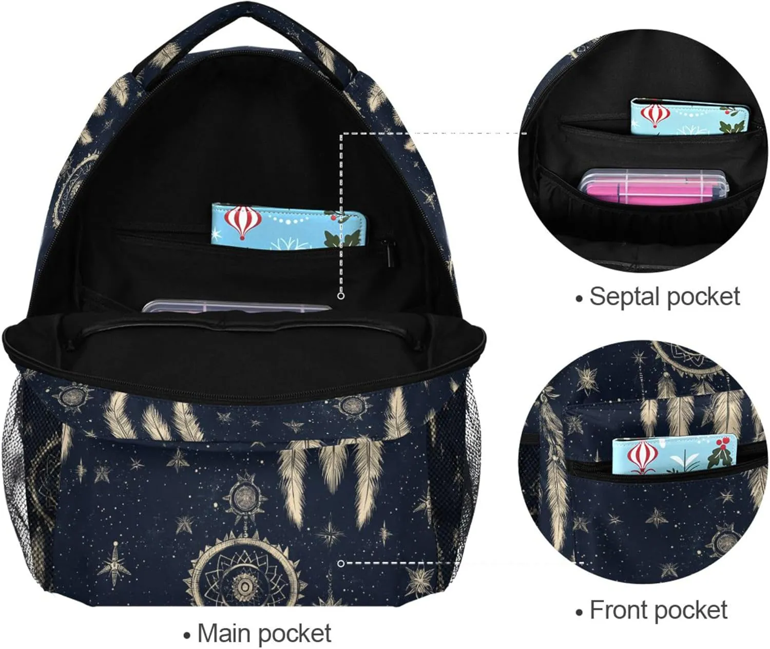 KLL Backpacks for Women Men Waterproof School Bag with Chest Strap for Travel Trip Western Cowboy Dream Catcher Star Tribal Primitive Charm Sparkling