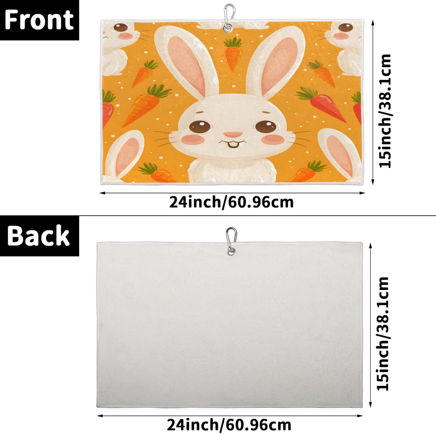 KOBLEN Microfiber Golf Towel with Heavy Duty Carabiner Clip, Orange Bunny Carrot 24x15 Inch Quick Dry Absorbent Towel for Golf Clubs Balls, Golf Bag Accessories for Men Women,1 Pack