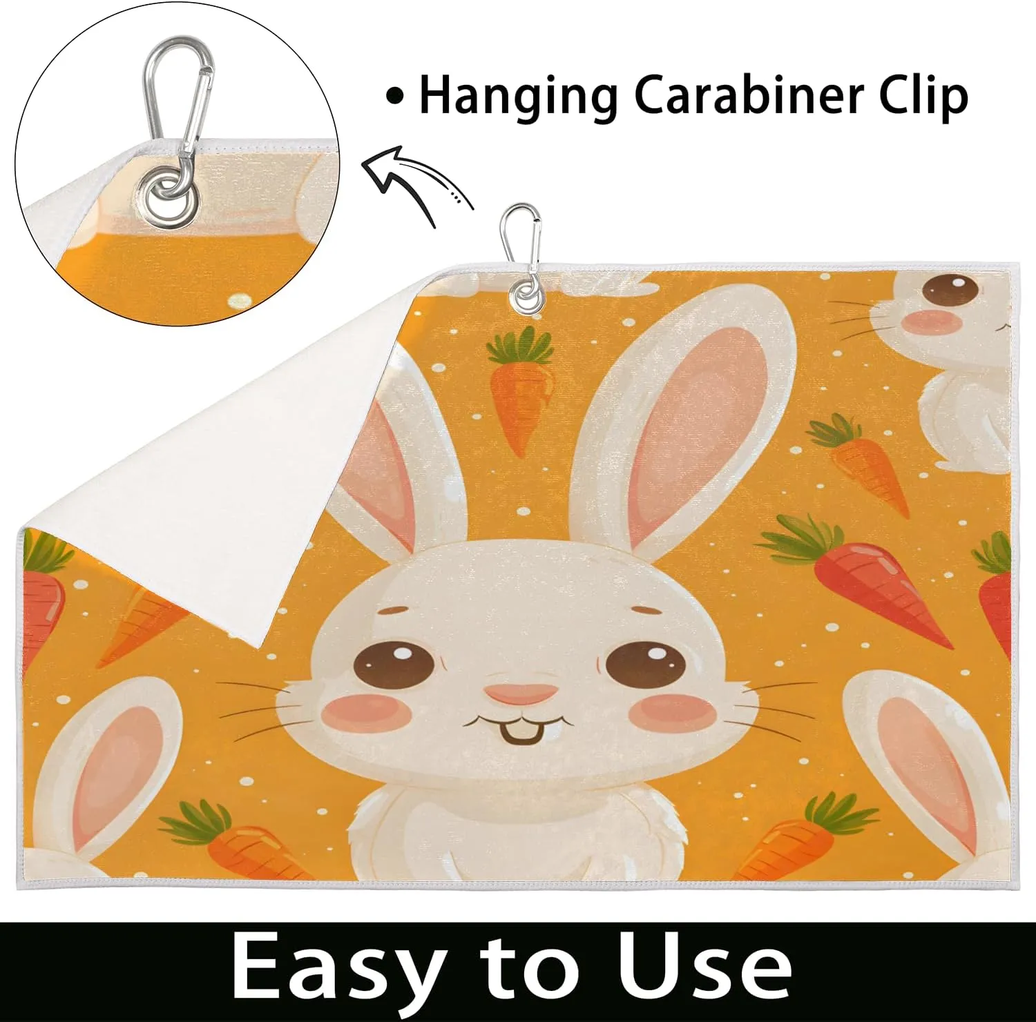 KOBLEN Microfiber Golf Towel with Heavy Duty Carabiner Clip, Orange Bunny Carrot 24x15 Inch Quick Dry Absorbent Towel for Golf Clubs Balls, Golf Bag Accessories for Men Women,1 Pack