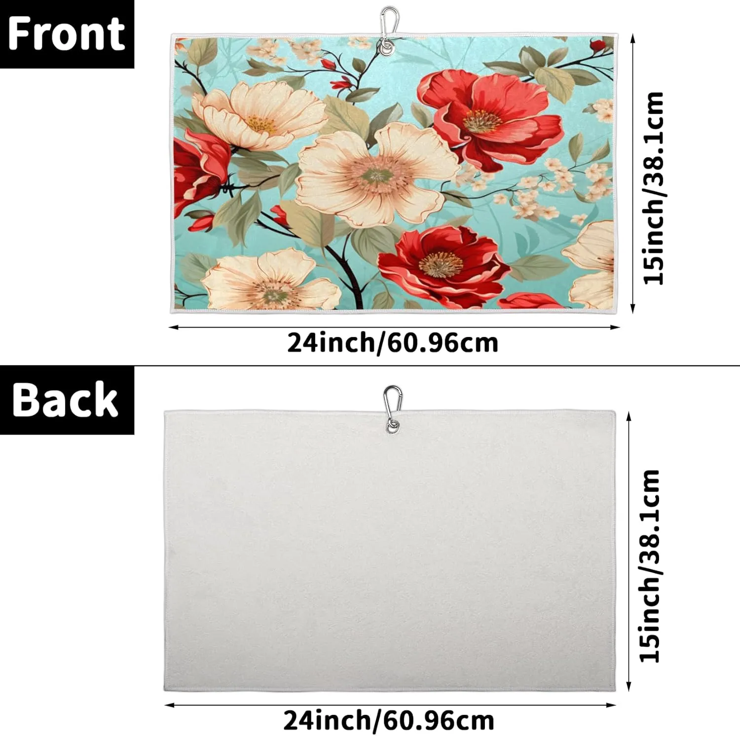 KOBLEN Microfiber Golf Towel with Heavy Duty Carabiner Clip, Red White Blossoms 24x15 Inch Quick Dry Absorbent Towel for Golf Clubs Balls, Golf Bag Accessories for Men Women,1 Pack