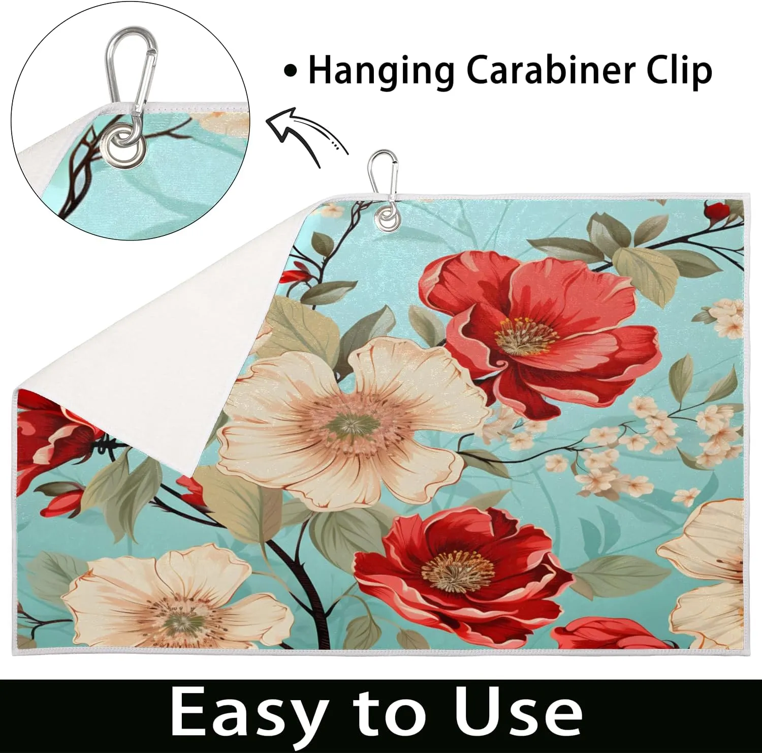 KOBLEN Microfiber Golf Towel with Heavy Duty Carabiner Clip, Red White Blossoms 24x15 Inch Quick Dry Absorbent Towel for Golf Clubs Balls, Golf Bag Accessories for Men Women,1 Pack