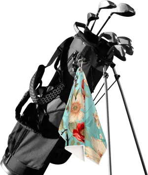 KOBLEN Microfiber Golf Towel with Heavy Duty Carabiner Clip, Red White Blossoms 24x15 Inch Quick Dry Absorbent Towel for Golf Clubs Balls, Golf Bag Accessories for Men Women,1 Pack