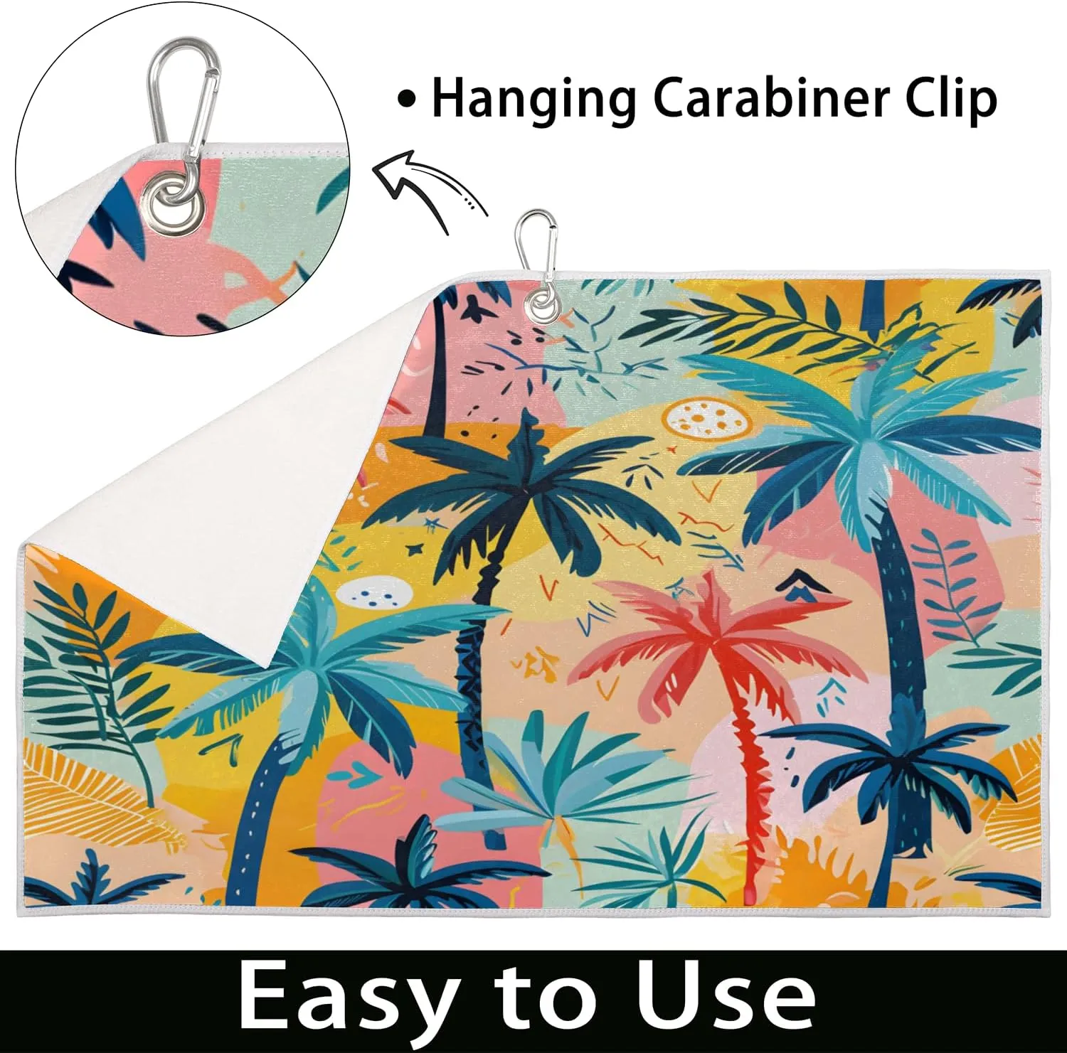 KOBLEN Microfiber Golf Towel with Heavy Duty Carabiner Clip, Vibrant Palm Art 24x15 Inch Quick Dry Absorbent Towel for Golf Clubs Balls, Golf Bag Accessories for Men Women,1 Pack