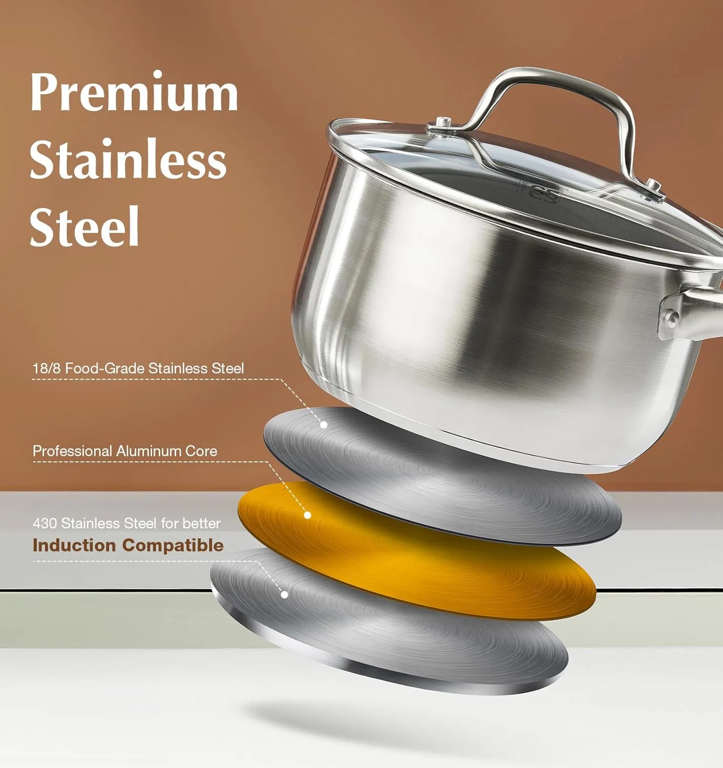 KOCH SYSTEME CS Stainless Steel Saucepan 2 Quart, Stainless Steel Saucepan with Ultra Nonstick Coating, 2 Quart Sauce Pan with Lid, Nonstick Pot 2QT, Easy to Clean, Oven Safe, Induction Compatible