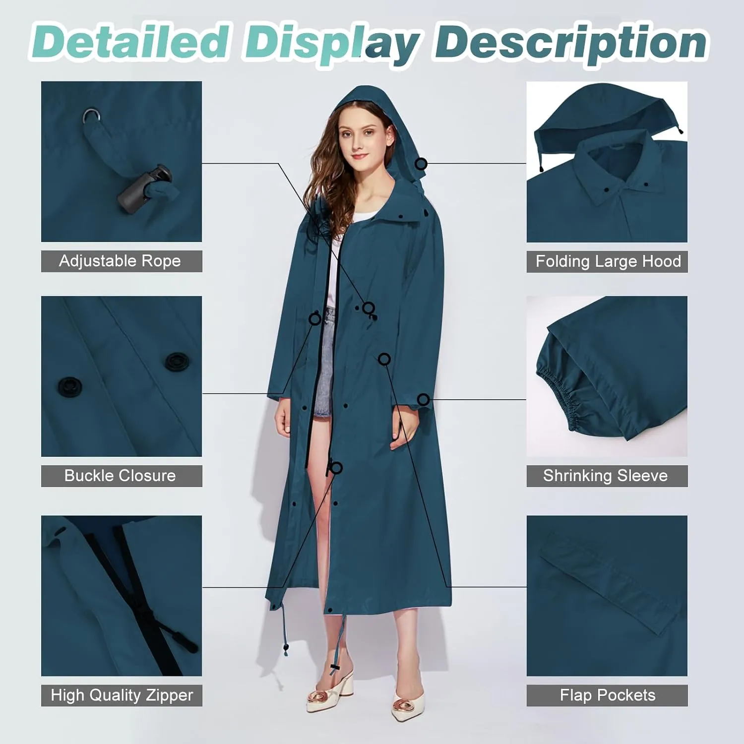 LAMA Womens Long Raincoats Rain Jacket Waterproof Packable Hooded Windbreaker Lightweight Adjustable Waist for Outdoor
