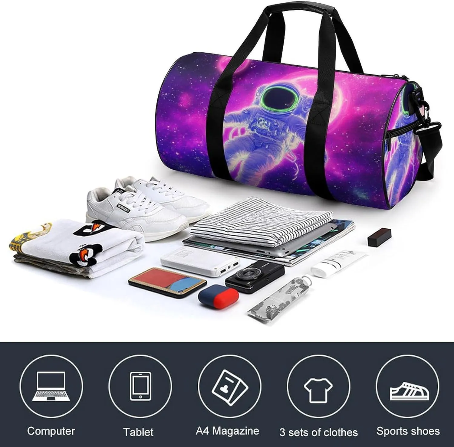Large Duffel Backpack for Men Women, Waterproof Gym Sports Bag Purple Galaxy Trippy Space Astronaut Art Weekender Overnight Bag for Travel Yoga