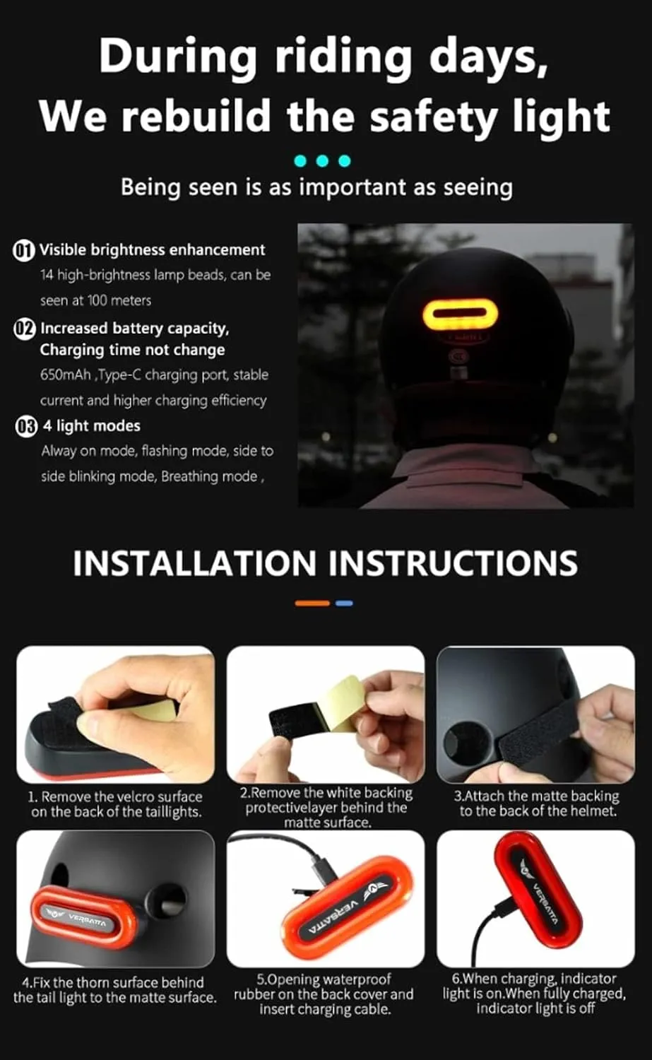 LED Helmet Light, Motorcycle Helmet Light, Bike Bicycle Rear Red Safety Light for Night Riding, Warning Tail Rechargeable Light with Type-C Cable