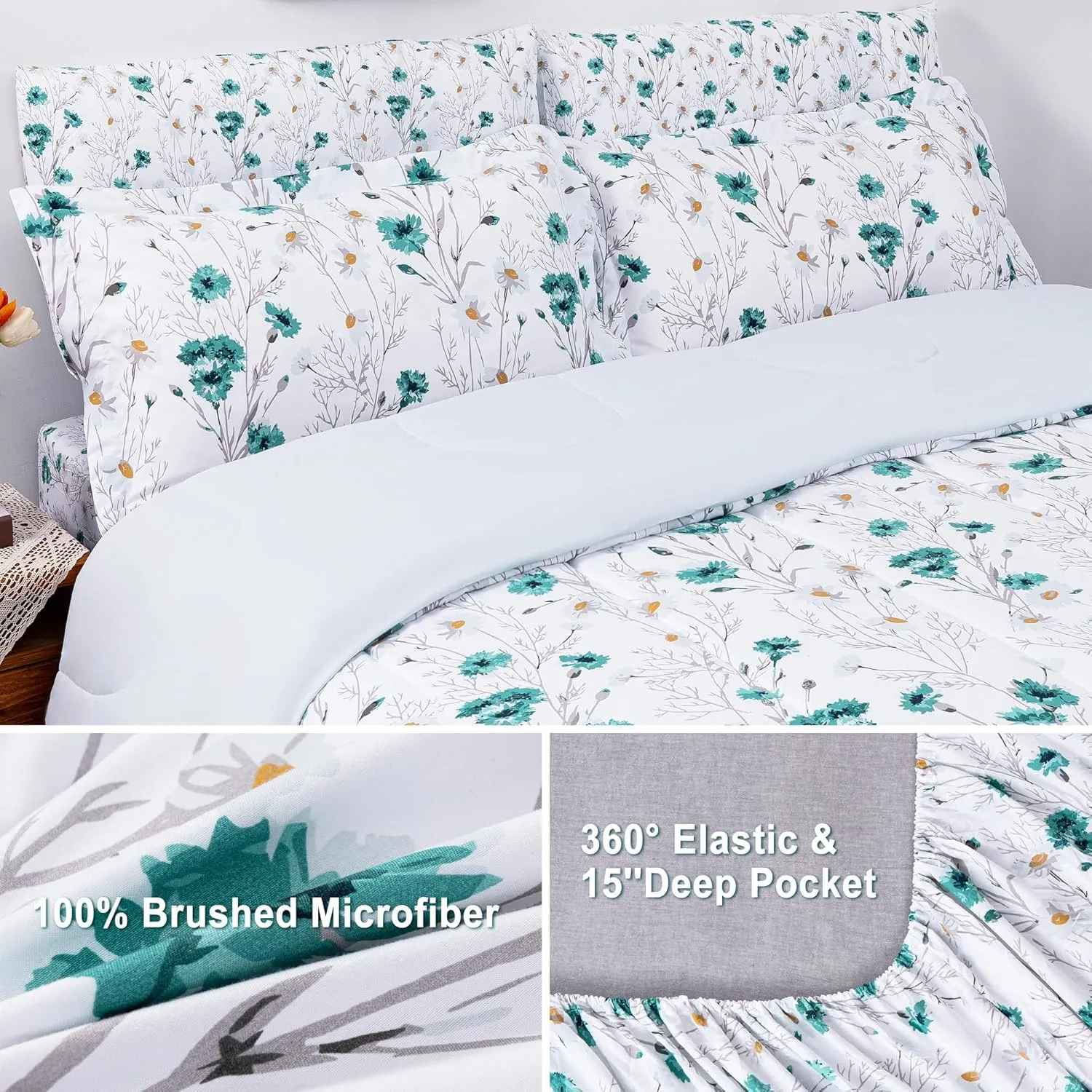 Light Blue Cute Flower Pattern Queen Sheet Set with Comforter, Flower Pattern Queen Bed in A Bag, 7 Piece Comforter Set Include Comforter, Sheets, Pillowcases &Pillow Shams