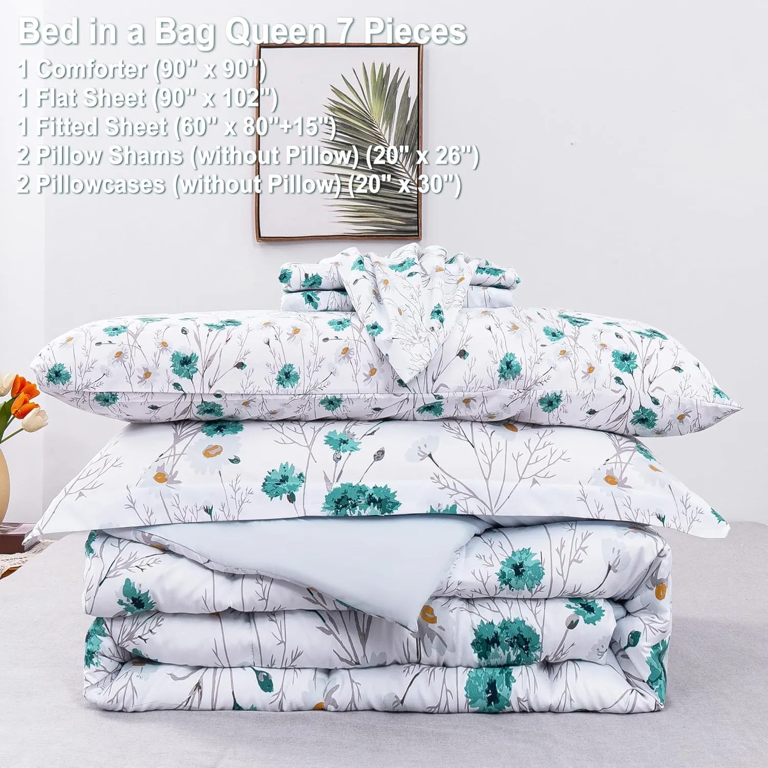 Light Blue Cute Flower Pattern Queen Sheet Set with Comforter, Flower Pattern Queen Bed in A Bag, 7 Piece Comforter Set Include Comforter, Sheets, Pillowcases &Pillow Shams