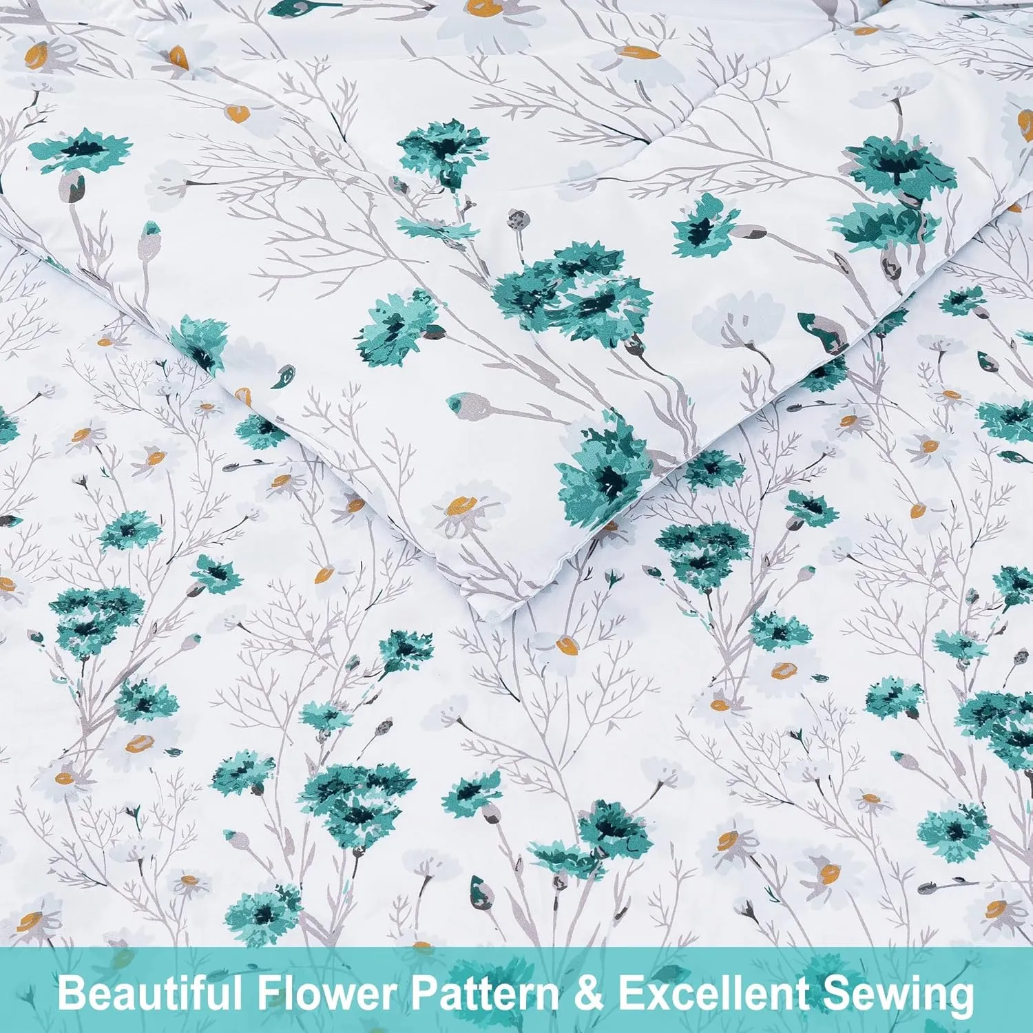 Light Blue Cute Flower Pattern Queen Sheet Set with Comforter, Flower Pattern Queen Bed in A Bag, 7 Piece Comforter Set Include Comforter, Sheets, Pillowcases &Pillow Shams