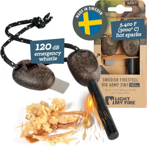 Light My Fire Flint Fire Starter Ferro Rod Survival Tool Army — Fire Steel Bushcraft Gear — Flint and Steel Magnesium Fire Starter Kit — 3/8” 2-in-1 Fire Starters for Campfires — 12,000 Strikes