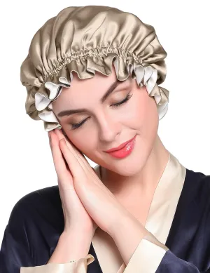 LilySilk Pure Silk Lined Cap for Women Sleep, Double Layered, Adjustable Ribbons, Luxury Natural Silk Bonnet Cap for Sleeping Coffee White