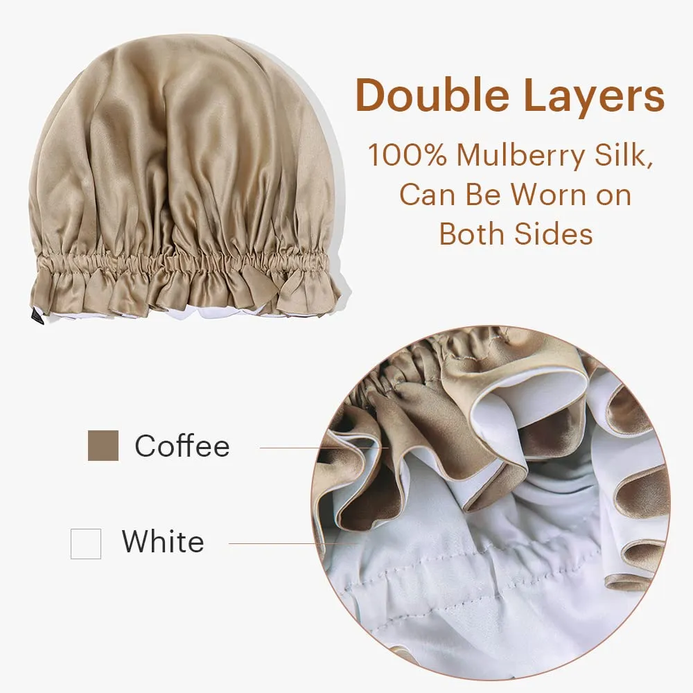 LilySilk Pure Silk Lined Cap for Women Sleep, Double Layered, Adjustable Ribbons, Luxury Natural Silk Bonnet Cap for Sleeping Coffee White