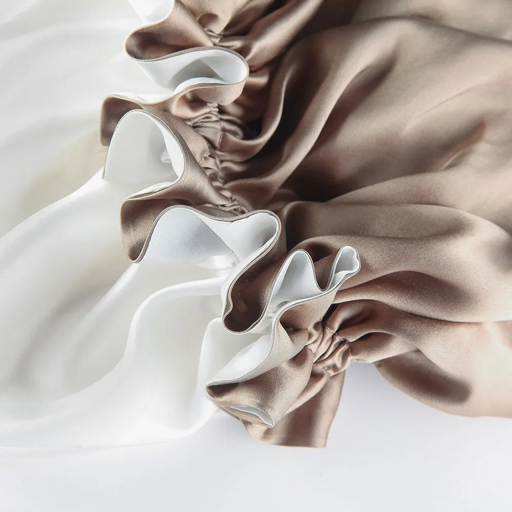 LilySilk Pure Silk Lined Cap for Women Sleep, Double Layered, Adjustable Ribbons, Luxury Natural Silk Bonnet Cap for Sleeping Coffee White